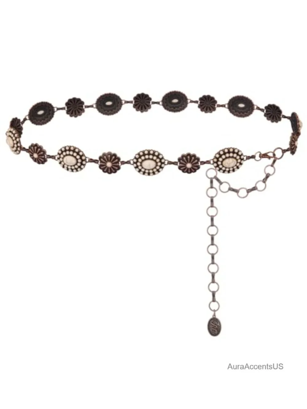 Large Western Concho Metal Chain Belt with Turquoise - Adjustable 48-51